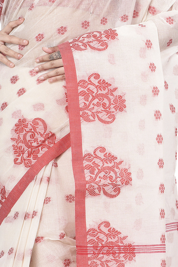 Red Pure Cotton Botgach Tant Saree (521)